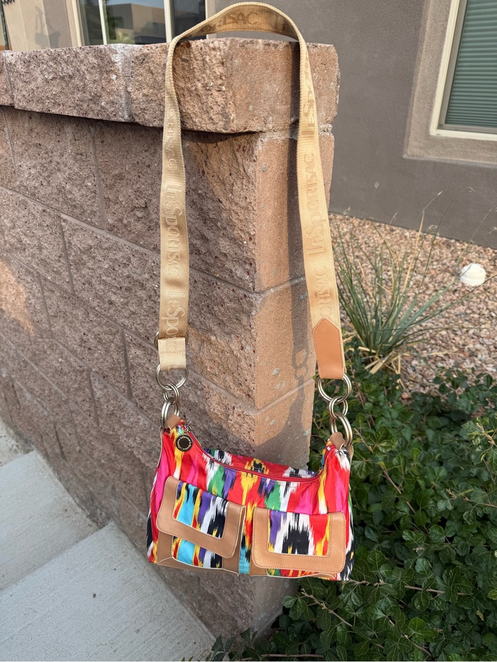 LeSportsac Multicolor Ikat Print Shoulder Bag Tan Leather Trim